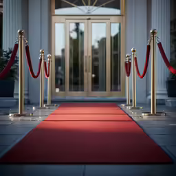 red carpet and red velvet rope line up front of doors