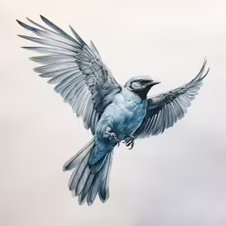 a blue bird flying thru the air with its wings wide open,a bird flying up into the air on a cloud covered sky