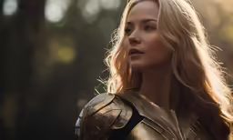 a beautiful blond woman in armor standing by the woods