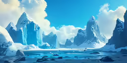 a group of icebergs in the sky with snow