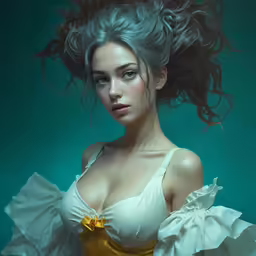 a woman with blue eyes and very large breast standing in a dress