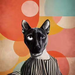 a black dog is wearing a shirt with stripes on it