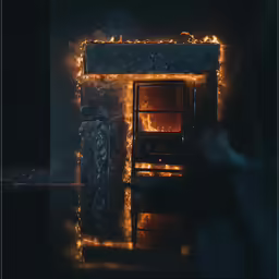 an illuminated door in the middle of some dark room