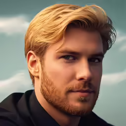 a bearded man with golden hair looks directly into the camera