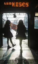 two female pedestrians are silhouetted against the light coming in from a door
