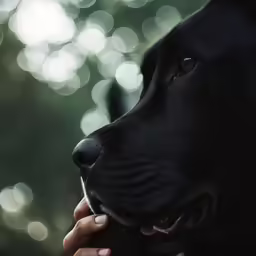 a large black dog sitting on top of a table next to another dog