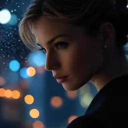 a woman in black dress looking out of window at night