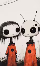 two creepy looking toys sitting next to each other