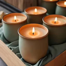 several lit candles are in small cups on the tray