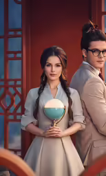 a couple stands in front of a building wearing glasses and a light - up globe