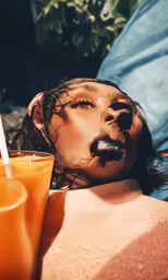 a woman lying down on a bed with a straw