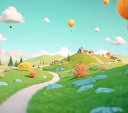 a painting of some green hills with blue and yellow balloons in the sky