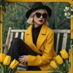 the blonde woman in black and yellow is sitting on a bench
