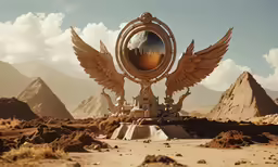 a surreal landscape features a golden winged sculpture, in the desert
