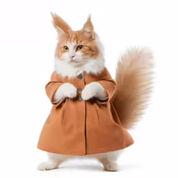 a cat in a brown coat with an orange tail