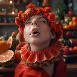 young girl with bright red flowered hair and red frilly