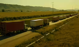 a line of trucks driving down a road,three trucks parked on the side of a road