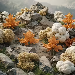 various colorful flowers on rocks near trees and mountains