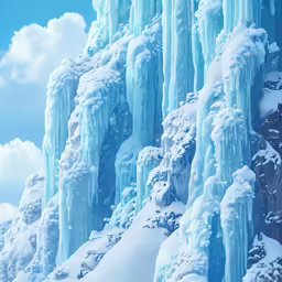the ice has formed very thick layers on the side of this mountain