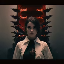 a woman wearing white shirt and black tie next to a dark throne