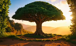 a tree sitting in the middle of a dirt field,a very large tree in a grassy area next to some trees
