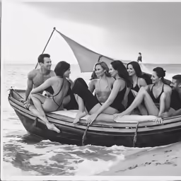 black and white photograph of people on boat on the beach