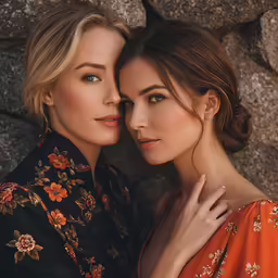 two women are standing near a stone wall and posing for the camera