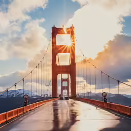 there is a man walking on a bridge with the sun peeking out