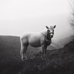 a white horse standing on top of a rocky hillside