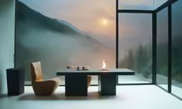 the table and chairs are in front of the window