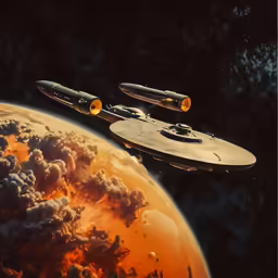 a pair of sci - fi ships in front of an orange planet