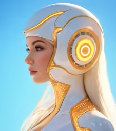 a woman in white and gold looks off to the left