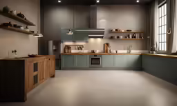 the interior of a kitchen with a counter, sink and several windows