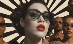 a woman in glasses in front of a group of people