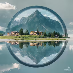 a large mountain and some trees reflected in water,a view through the reflection of a mountain
