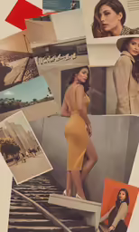 a woman in yellow is leaning on stairs