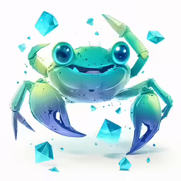 a crab with an eyes, arms and legs is surrounded by stones and triangular shapes