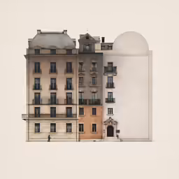 a tall building with multiple stories next to it