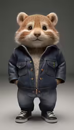 a stuffed animal is wearing a jacket and jeans