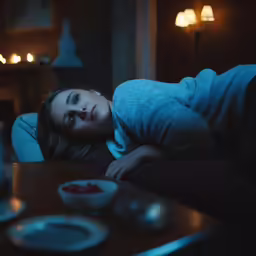 a woman laying in the bed at night