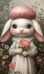 a painting of a girl rabbit holding flowers
