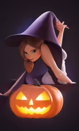 a halloween doll wearing a witches hat is shown sitting on a pumpkin