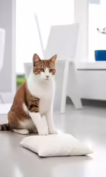 a cat sitting on top of a pillow near a chair