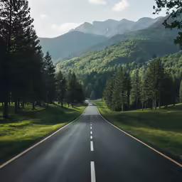 the road is near the mountains with several trees