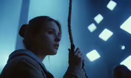 a girl standing under a light inside a room