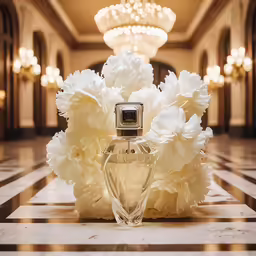 white flowers sitting next to a bottle of perfume