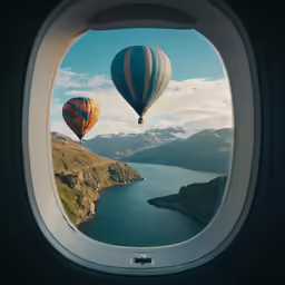 two hot air balloons fly over a large body of water