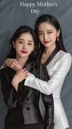 the two models are posing for this picture,a couple of young women with a black and white suit on