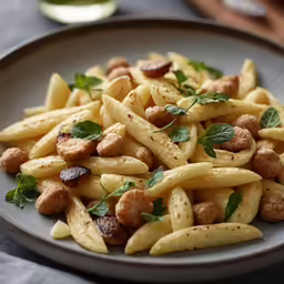 pasta with meat, sauce and fresh herbs on a plate