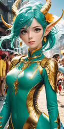 a character dressed in blue and gold with horns on her head